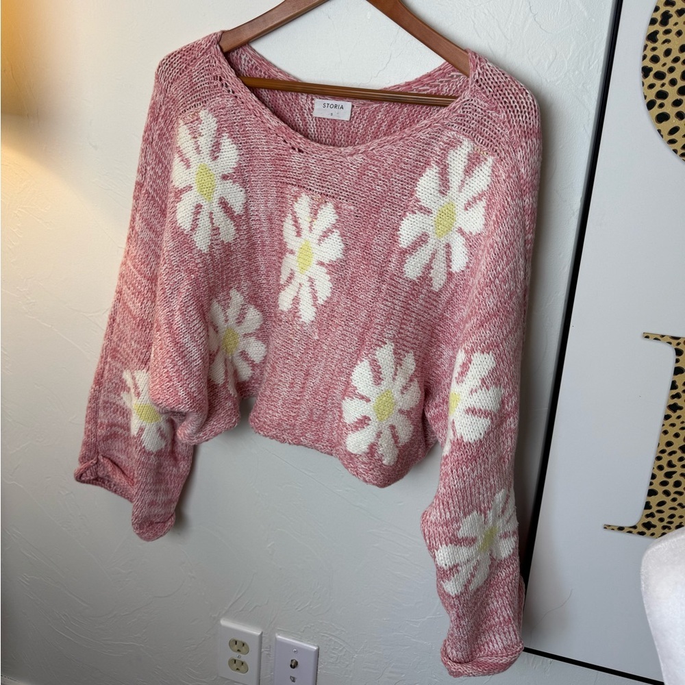Storia Daisy Knit Sweater Pink White Floral Pullover Slouchy Crop Small